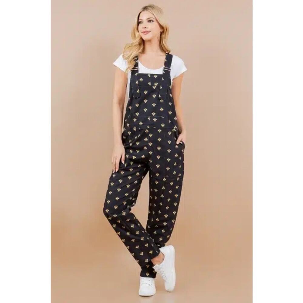 LA Soul Black Overalls with Bee Print Size Medium